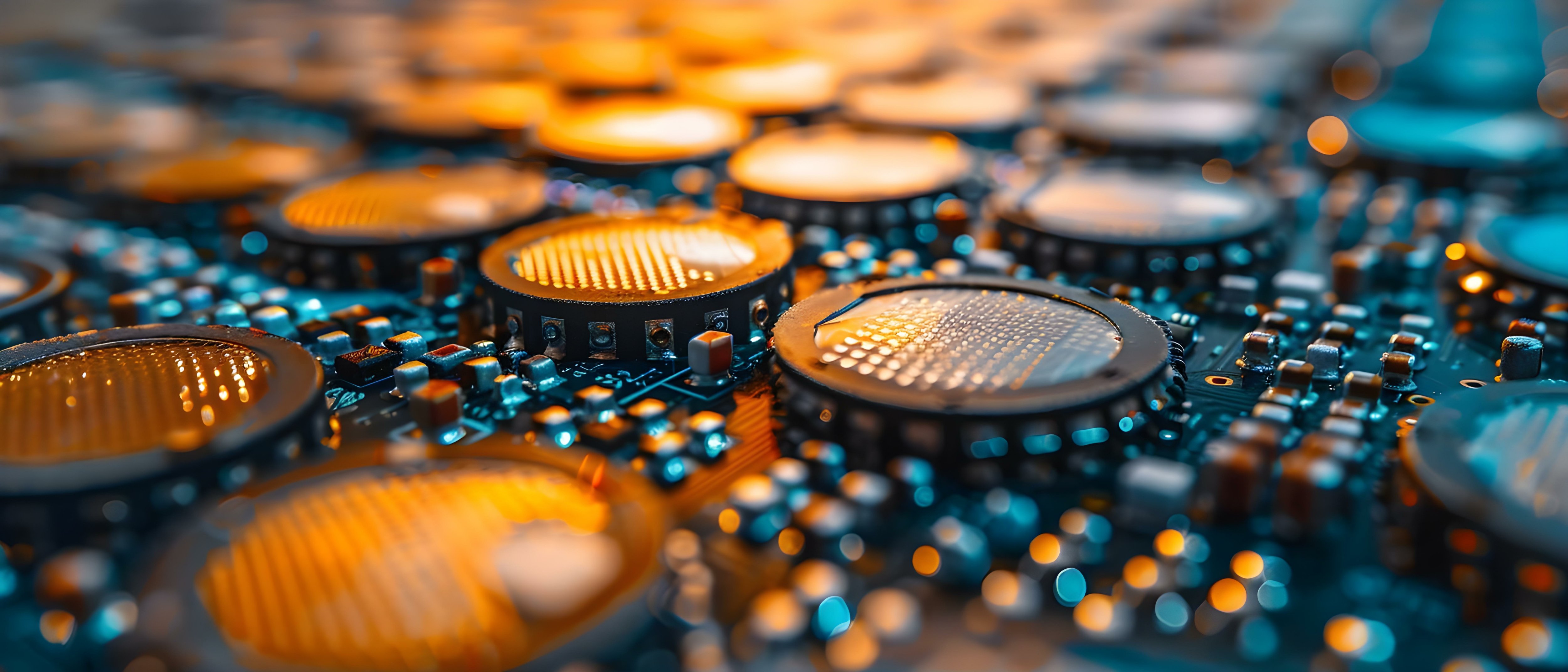 Grid of circular components on a circuit board under warm lighting